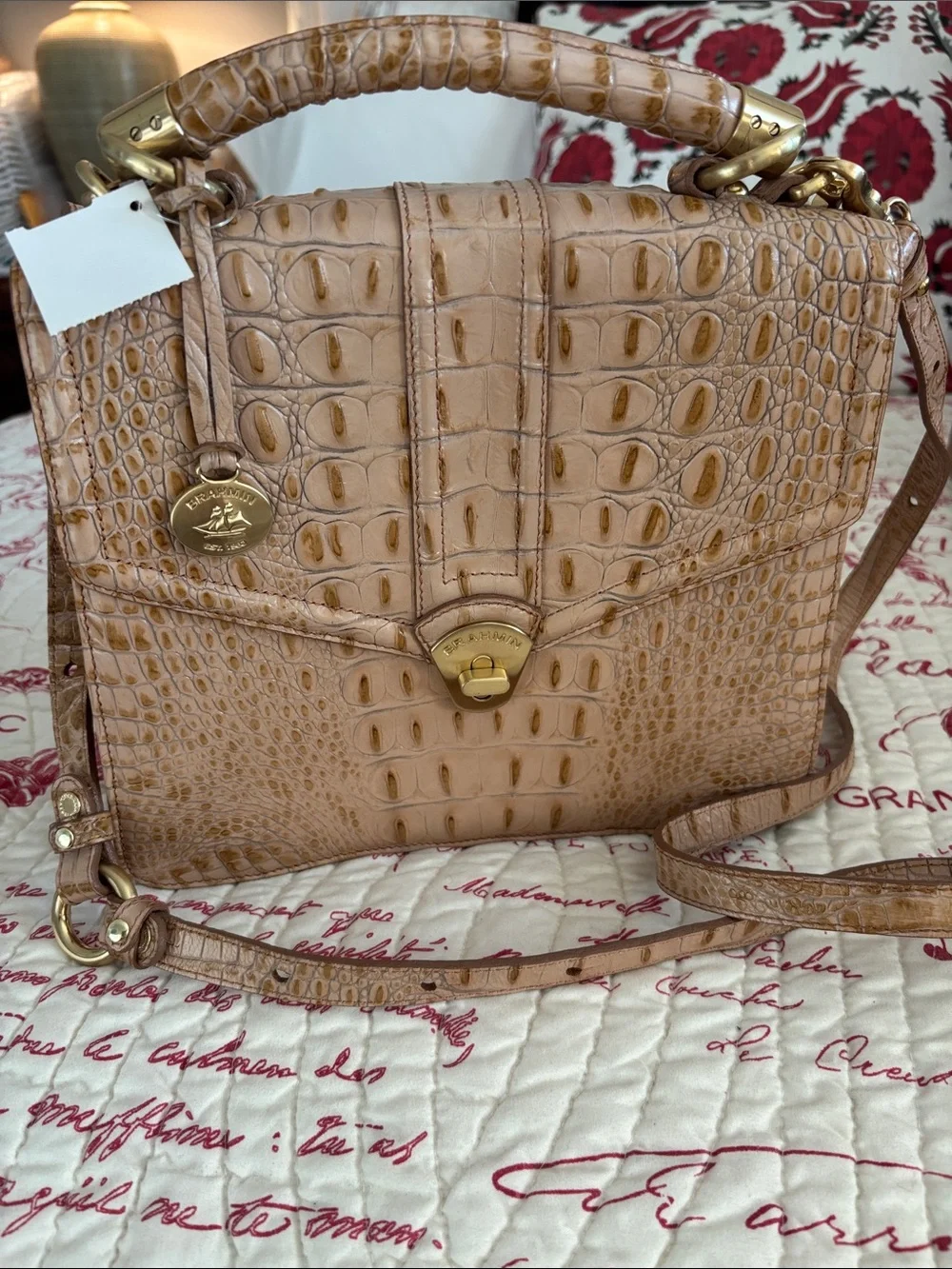 Brahmin Olivia Rose Tan Croc-Embossed Leather Satchel with Gold Hardware